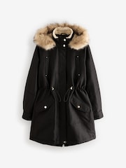 Black Hooded Parka Coat With Faux Fur Trim - Image 7 of 10