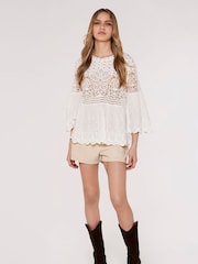 Apricot Cream Feather Necklace Print Midi Dress - Image 2 of 4
