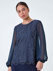 Roman Blue Lace Chiffon Sleeve Top - Image 1 of 5