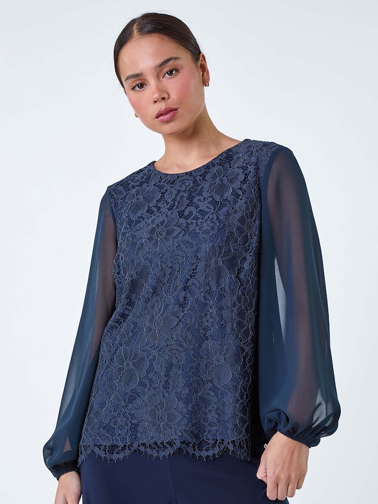 Roman Blue Lace Chiffon Sleeve Top - Image 1 of 5