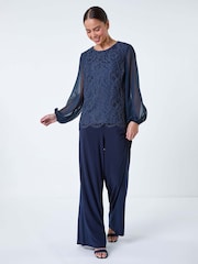 Roman Blue Lace Chiffon Sleeve Top - Image 2 of 5