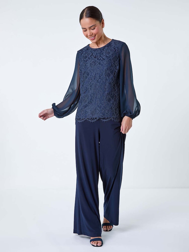 Roman Blue Lace Chiffon Sleeve Top - Image 2 of 5