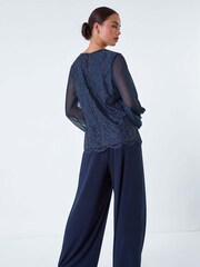 Roman Blue Lace Chiffon Sleeve Top - Image 3 of 5