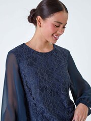 Roman Blue Lace Chiffon Sleeve Top - Image 4 of 5
