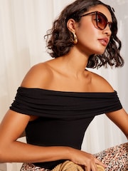 Friends Like These Black Short Sleeve Jersey Cotton Ribbed Bardot Neck Top - Image 2 of 4