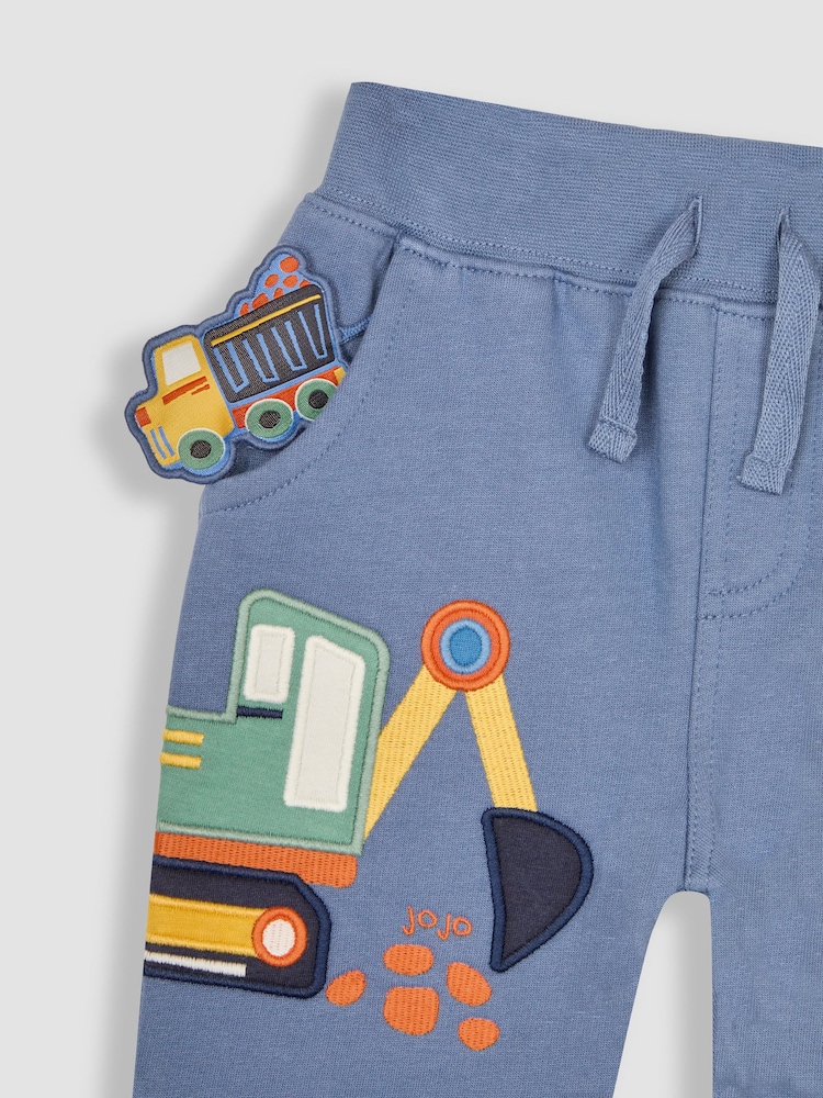 JoJo Maman Bébé Denim Blue Construction Appliqué Knee Pet in Pocket Joggers - Image 3 of 3
