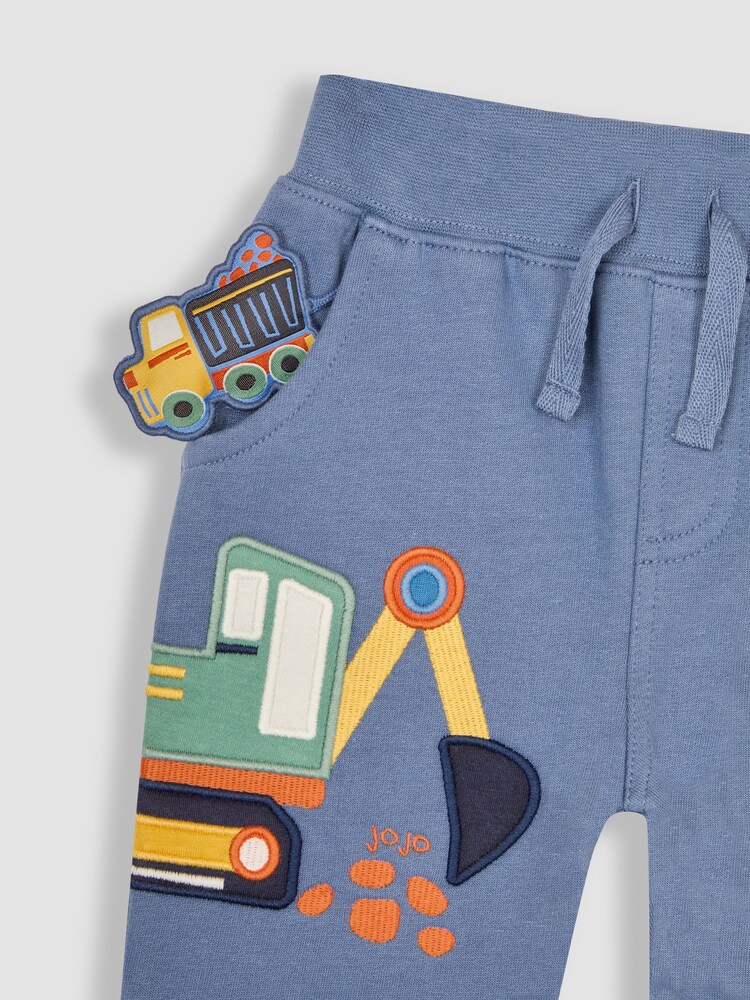 JoJo Maman Bébé Denim Blue Construction Appliqué Knee Pet in Pocket Joggers - Image 3 of 3 JoJo Maman Bébé Denim Blue Construction Appliqué Knee Pet in Pocket Joggers - Image 3 of 3