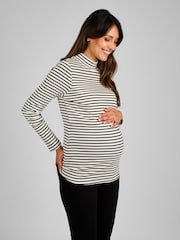 JoJo Maman Bébé Black Cream Stripe Maternity And Nursing Stripe Polo Neck Top - Image 1 of 4