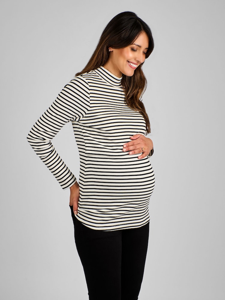 JoJo Maman Bébé Black Cream Stripe Maternity And Nursing Stripe Polo Neck Top - Image 1 of 4