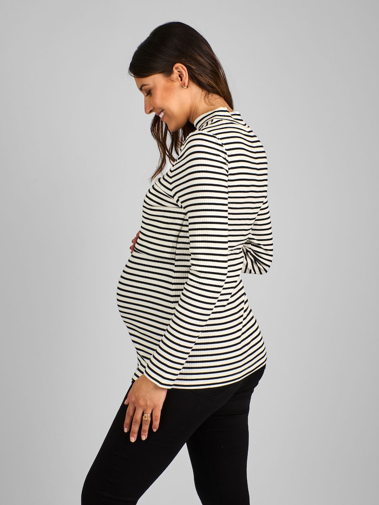 JoJo Maman Bébé Black Cream Stripe Maternity And Nursing Stripe Polo Neck Top - Image 2 of 4