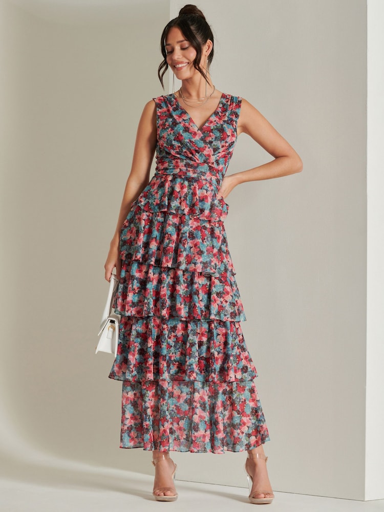 Jolie Moi Pink Tiered Hem Mesh Maxi Dress - Image 1 of 6