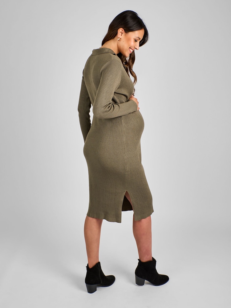 JoJo Maman Bébé Khaki Green Collared Maternity Ribbed Knitted Dress - Image 2 of 4