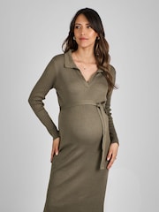 JoJo Maman Bébé Khaki Green Collared Maternity Ribbed Knitted Dress - Image 3 of 4