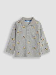 JoJo Maman Bébé Grey Marl Digger Long Sleeve Embroidered Polo Shirt - Image 1 of 3
