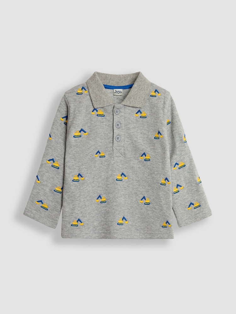 JoJo Maman Bébé Grey Marl Digger Long Sleeve Embroidered Polo Shirt - Image 1 of 3