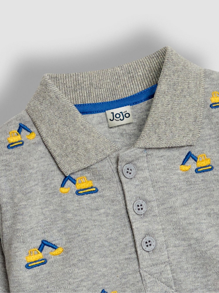 JoJo Maman Bébé Grey Marl Digger Long Sleeve Embroidered Polo Shirt - Image 3 of 3