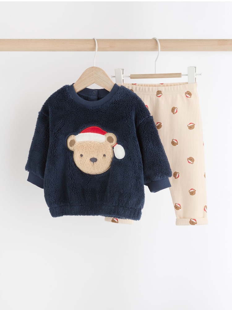 Navy Santa Bear Baby Fleece Top and Joggers Set - Image 1 of 10
