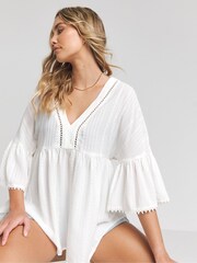 Simply Be Cream Textured V-Neck Ruffle Smock Top - Image 1 of 4