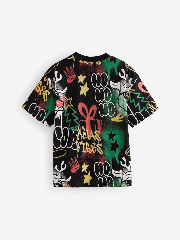 Black Rudolph Graffiti Short Sleeve Christmas 100% Cotton T-Shirt (3-16yrs) - Image 2 of 4