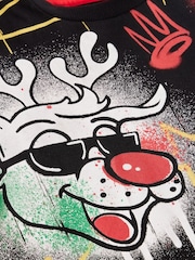 Black Rudolph Graffiti Short Sleeve Christmas 100% Cotton T-Shirt (3-16yrs) - Image 4 of 4