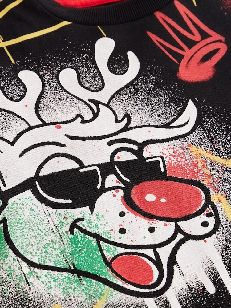 Black Rudolph Graffiti Short Sleeve Christmas 100% Cotton T-Shirt (3-16yrs) - Image 4 of 4