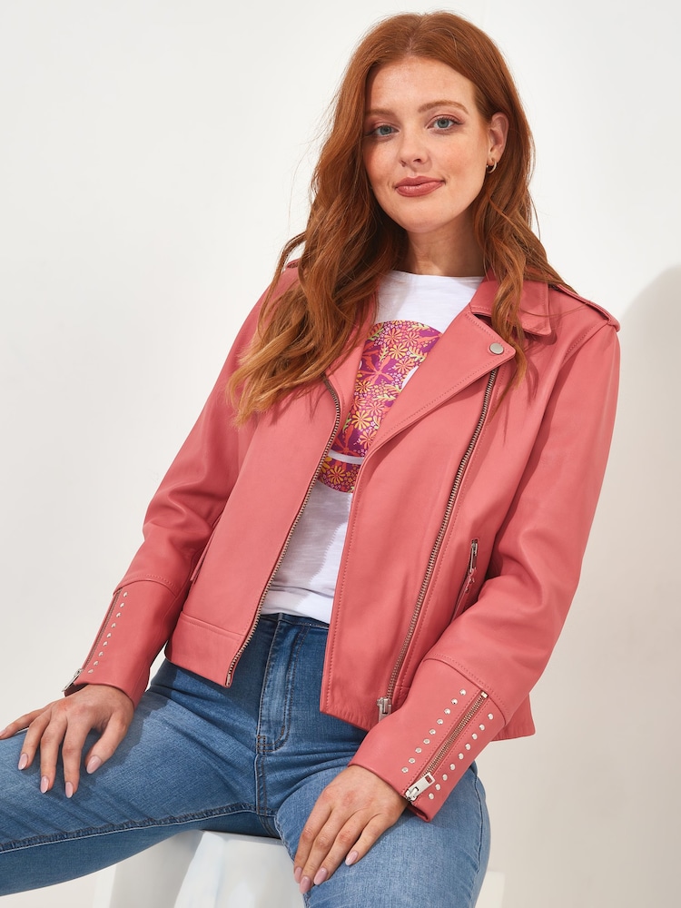 Joe Browns Pink Studded Cropped Leather Jacket - Image 1 of 5