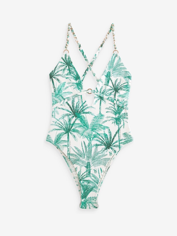 Victoria's Secret White Tropical Palm Tummy Control Plunge Swimsuit - Image 8 of 8