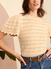 Love & Roses Ivory White Short Sleeve Ruffle Crochet Knitted Top - Image 1 of 4
