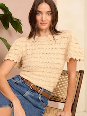 Love & Roses Ivory White Short Sleeve Ruffle Crochet Knitted Top - Image 2 of 4