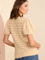 Love & Roses Ivory White Short Sleeve Ruffle Crochet Knitted Top - Image 4 of 4