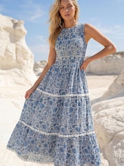 Roman Blue Paisley Print Shirred Midi Dress - Image 1 of 4