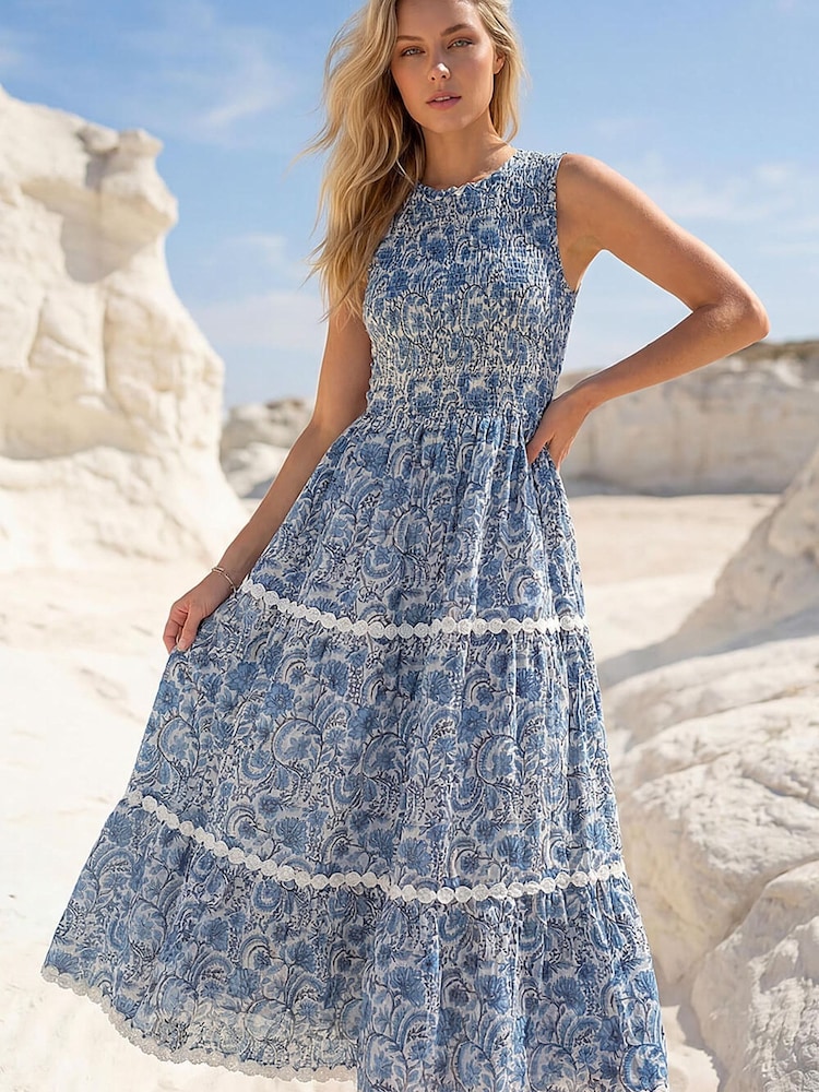 Roman Blue Paisley Print Shirred Midi Dress - Image 1 of 4 Roman Blue Paisley Print Shirred Midi Dress - Image 1 of 4