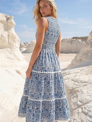 Roman Blue Paisley Print Shirred Midi Dress - Image 3 of 4