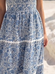 Roman Blue Paisley Print Shirred Midi Dress - Image 4 of 4