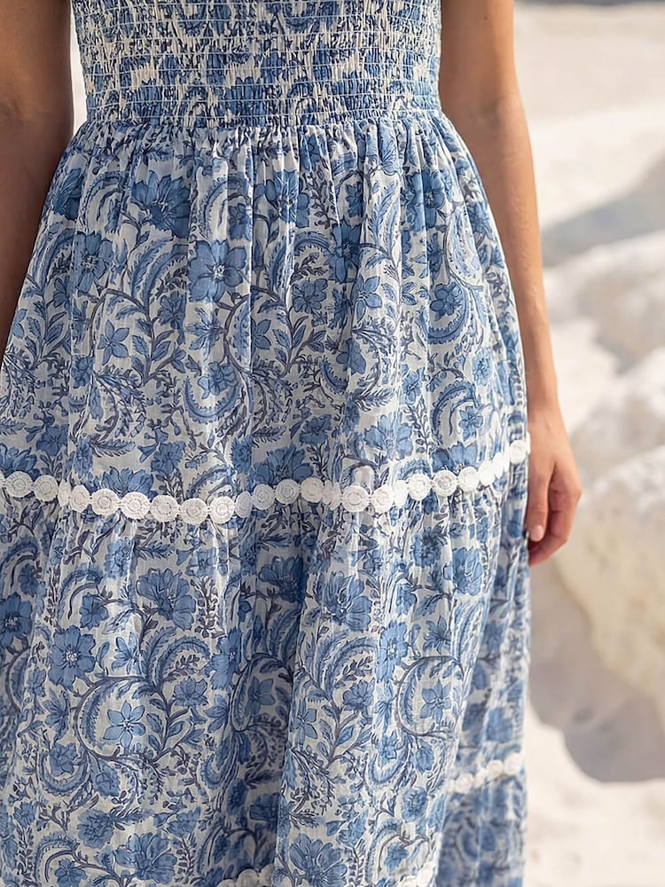 Roman Blue Paisley Print Shirred Midi Dress - Image 4 of 4 Roman Blue Paisley Print Shirred Midi Dress - Image 4 of 4