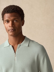 Light Green Regular Fit 100% Cotton Textured Short Sleeve Knit Zip Polo Shirt - Image 1 of 8
