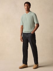 Light Green Regular Fit 100% Cotton Textured Short Sleeve Knit Zip Polo Shirt - Image 2 of 8