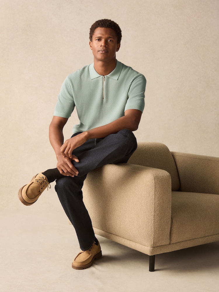 Light Green Regular Fit 100% Cotton Textured Short Sleeve Knit Zip Polo Shirt - Image 3 of 8