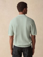 Light Green Regular Fit 100% Cotton Textured Short Sleeve Knit Zip Polo Shirt - Image 4 of 8