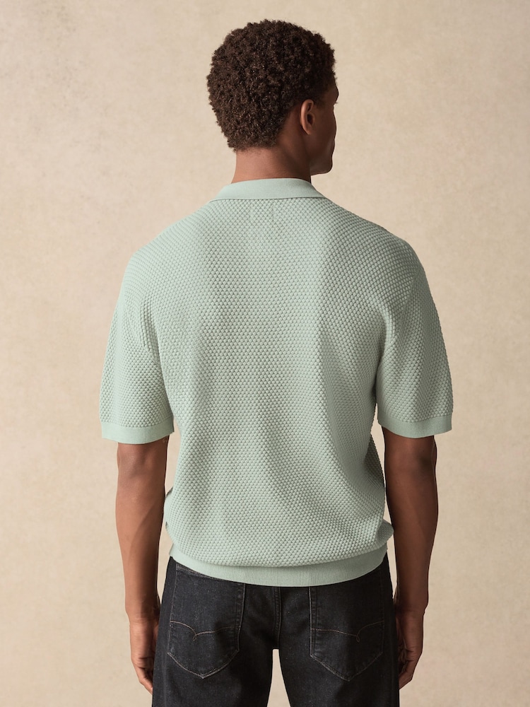 Light Green Regular Fit 100% Cotton Textured Short Sleeve Knit Zip Polo Shirt - Image 4 of 8