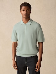 Light Green Regular Fit 100% Cotton Textured Short Sleeve Knit Zip Polo Shirt - Image 5 of 8