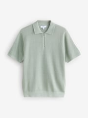 Light Green Regular Fit 100% Cotton Textured Short Sleeve Knit Zip Polo Shirt - Image 6 of 8
