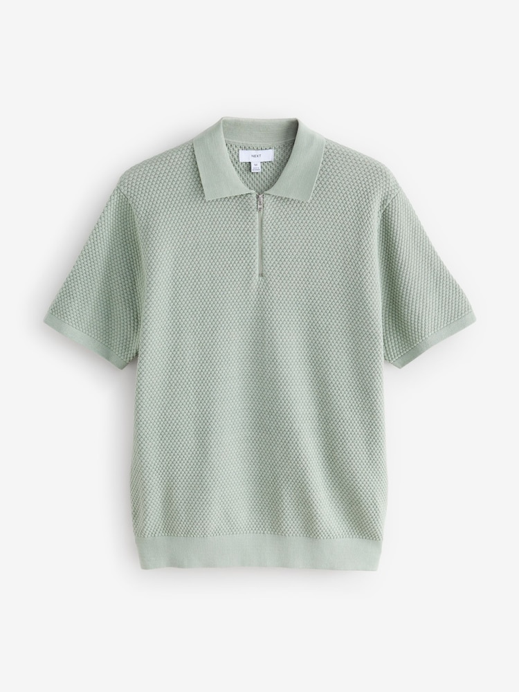 Light Green Regular Fit 100% Cotton Textured Short Sleeve Knit Zip Polo Shirt - Image 6 of 8