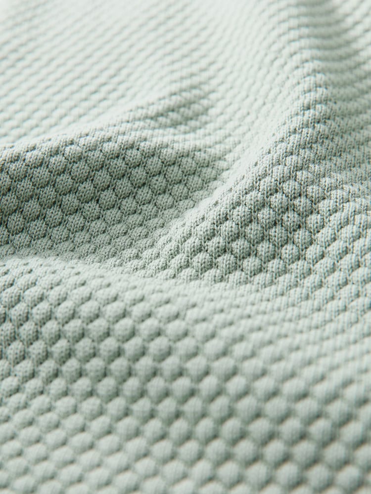 Light Green Regular Fit 100% Cotton Textured Short Sleeve Knit Zip Polo Shirt - Image 7 of 8