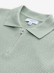 Light Green Regular Fit 100% Cotton Textured Short Sleeve Knit Zip Polo Shirt - Image 8 of 8