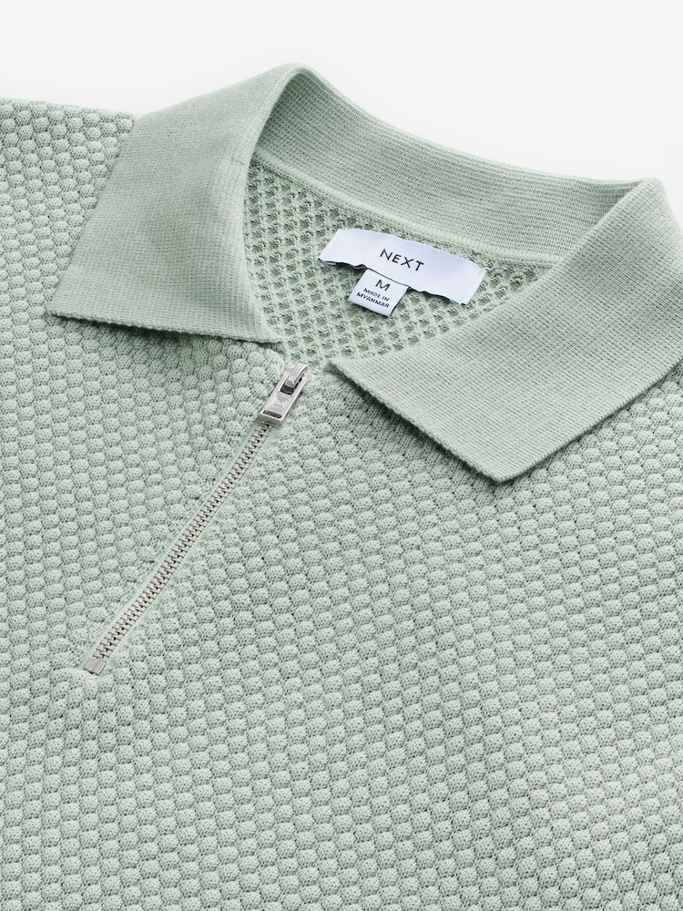 Light Green Regular Fit 100% Cotton Textured Short Sleeve Knit Zip Polo Shirt - Image 8 of 8