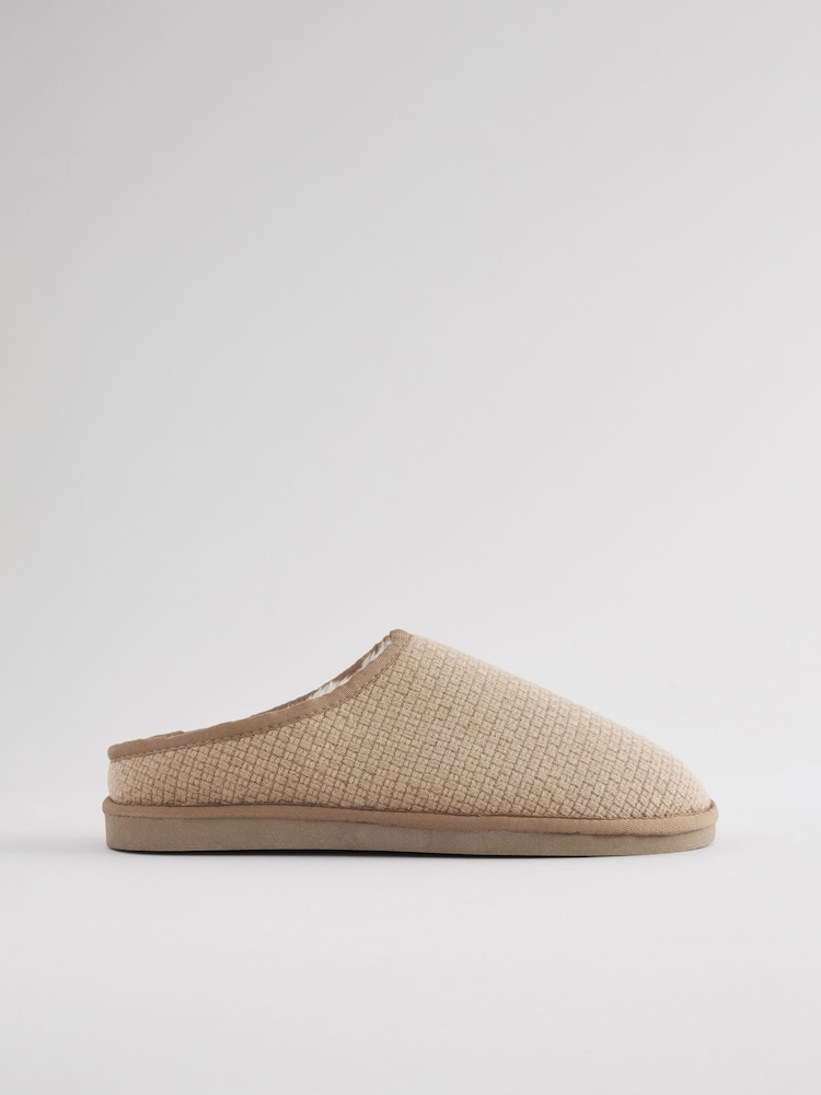 Neutral Faux Fur Lined Textured Mule Slippers - Image 2 of 6