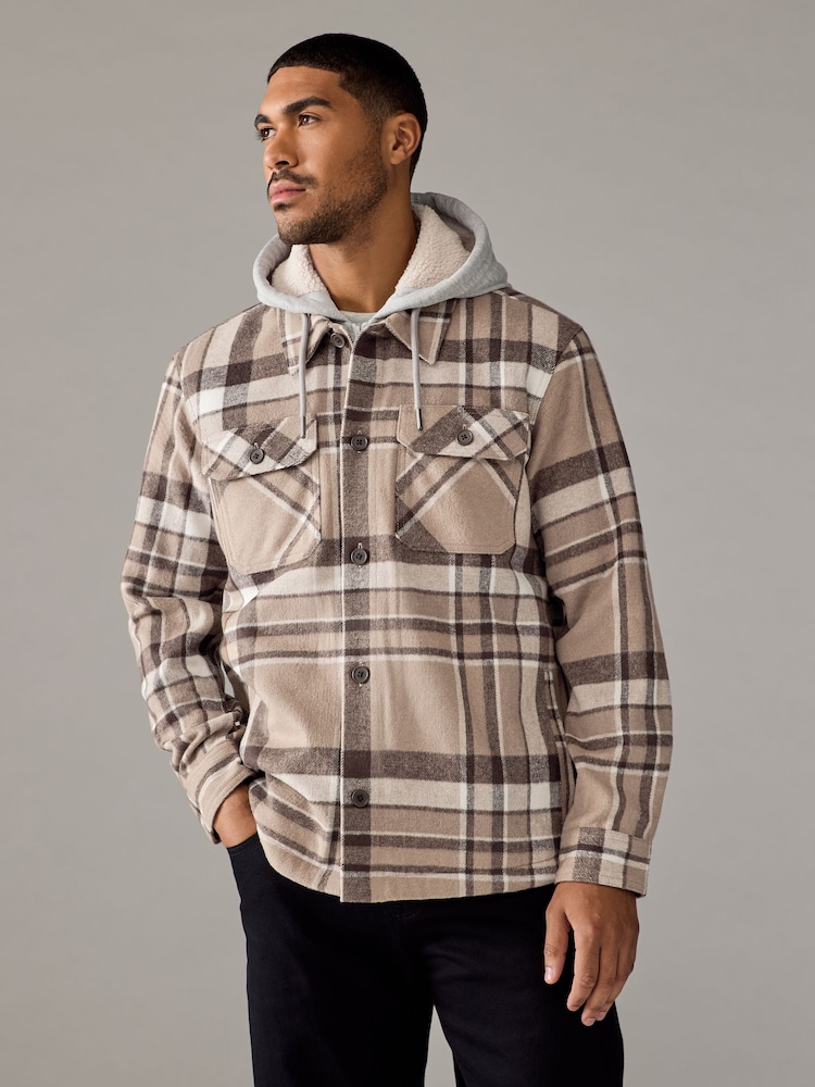 Neutral Check Hooded Borg Lined Shacket - Image 1 of 12