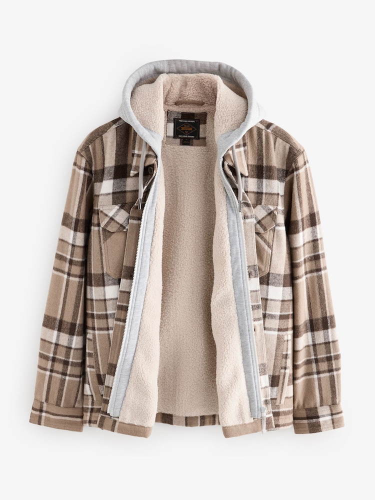 Neutral Check Hooded Borg Lined Shacket - Image 10 of 12