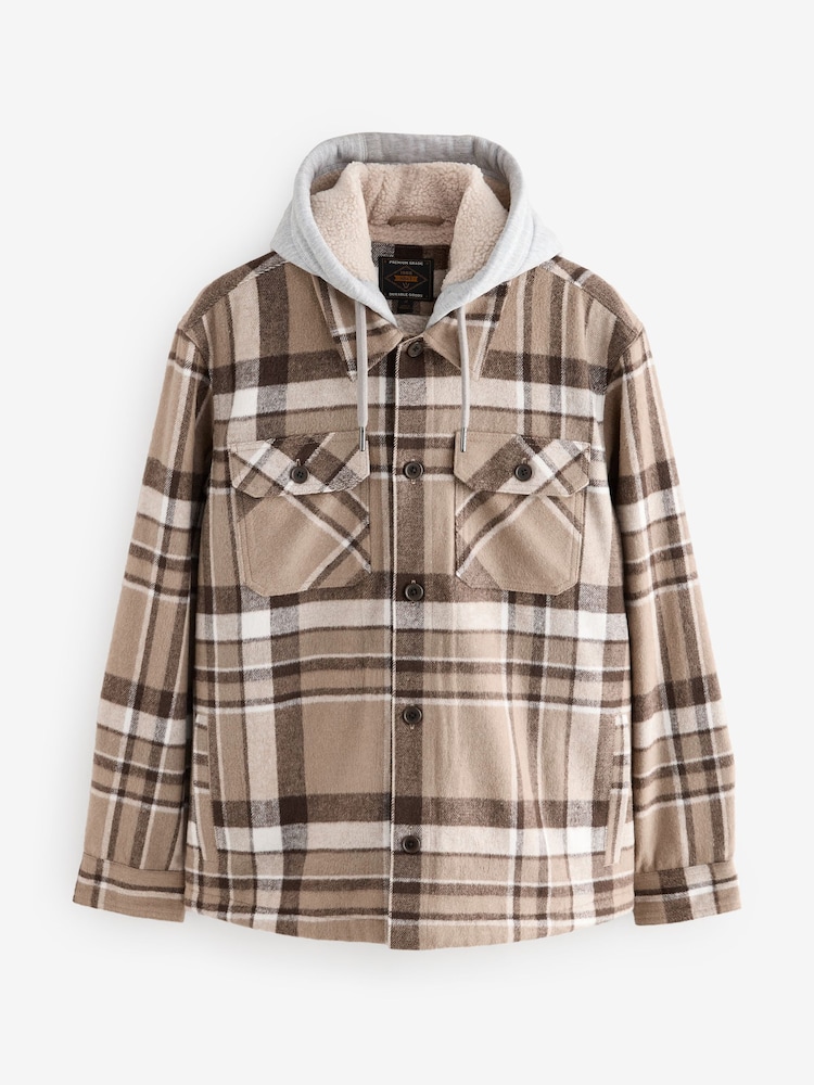 Neutral Check Hooded Borg Lined Shacket - Image 9 of 12